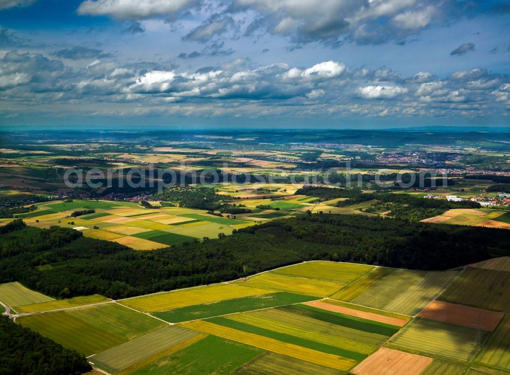 Aerial image Markgröningen - The landscape surrounding the town of Markgröningen in the Ludwigsburg district of the state of Baden-Württemberg. The area is also called Strohgäu. Because of its very nutritious earth, it is renowned for its agriculture, such as the cultivation of sugar beets. The earth in the region contains loam. Therefore the region is also called loam flatlands