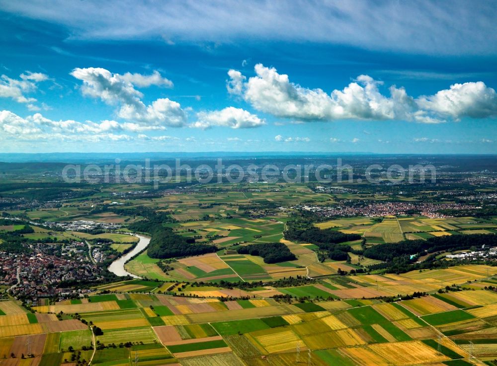 Ludwigsburg from above - The surrounding landscape of the Neckar valley around Ludwigsburg in the state of Baden-Württemberg. With Kornwestheim, Ludwigsburg forms the center of a borough. The river Neckar runs through the valley with different villages and parts of the borough as well as agricultural fields on its riverbanks. The area partly belongs to the landscape of Long Field (Lange Feld)