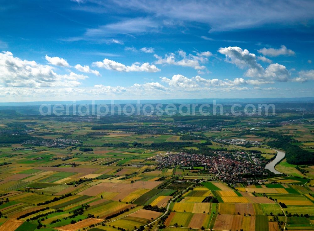 Ludwigsburg from the bird's eye view: The surrounding landscape of the Neckar valley around Ludwigsburg in the state of Baden-Württemberg. With Kornwestheim, Ludwigsburg forms the center of a borough. The river Neckar runs through the valley with different villages and parts of the borough as well as agricultural fields on its riverbanks. The area partly belongs to the landscape of Long Field (Lange Feld)