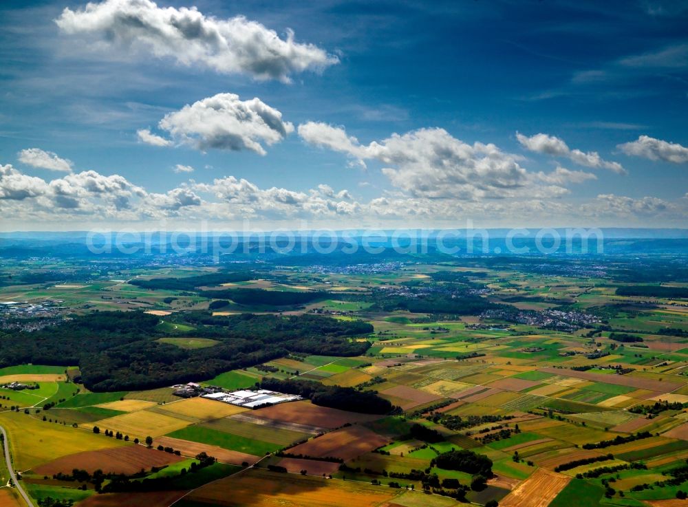 Aerial image Ludwigsburg - The surrounding landscape of the Neckar valley around Ludwigsburg in the state of Baden-Württemberg. With Kornwestheim, Ludwigsburg forms the center of a borough. The river Neckar runs through the valley with different villages and parts of the borough as well as agricultural fields on its riverbanks. The area partly belongs to the landscape of Long Field (Lange Feld)