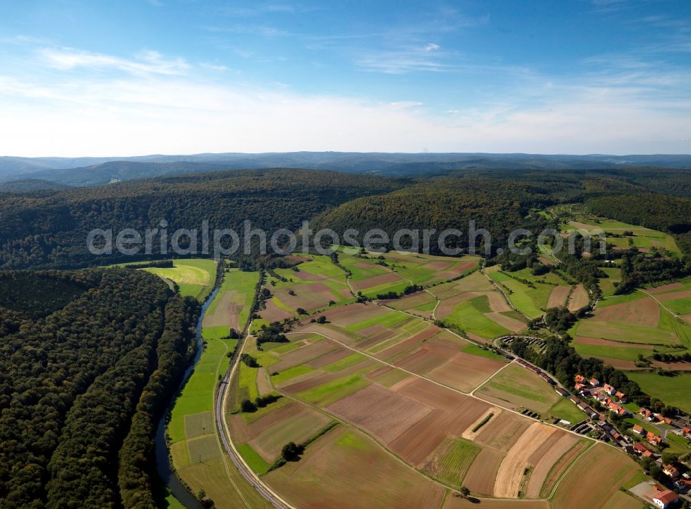 Gräfendorf from the bird's eye view: The landscape of the Spessart in the Wolfsmünster part of the borough of Gräfendorf in the state of Bavaria. The Spessart region is a mountain range in Southern Germany in the states of Bavaria and Hesse. The Spessart was used as a royal hunting ground, but today it is mostly important for the local tourism and as a recreational region. The region consists of 2440 square kilometres