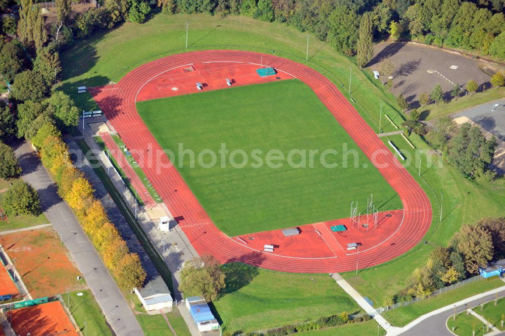 Aerial photograph Leipzig - View of the Northern Athletics Sports Ground of the Sportforum in Leipzig. The stadium is used by the Olympic Training Center and various clubs. The athletic center of Leipzig that formerly has been the German College of Physical Education, uses the stadium as a training ground
