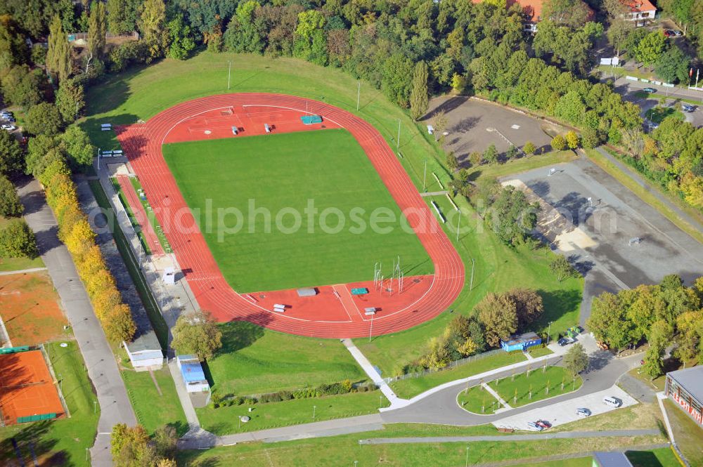 Leipzig from above - View of the Northern Athletics Sports Ground of the Sportforum in Leipzig. The stadium is used by the Olympic Training Center and various clubs. The athletic center of Leipzig that formerly has been the German College of Physical Education, uses the stadium as a training ground