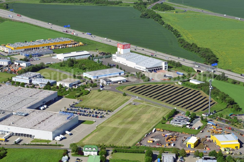 Aerial image Lützen - The Lugato facility in the commercial park in the Zorbau part of Lützen in the state of Saxony-Anhalt. The industrial building is not used by the company anymore but it is a landmark for the commercial area