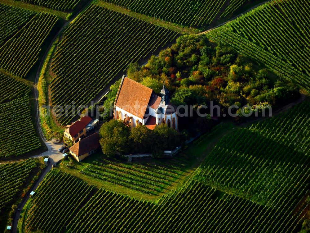 Aerial image Volkach - The late Gothic Catholic pilgrimage church Maria im Weingarten in the state of Bavaria