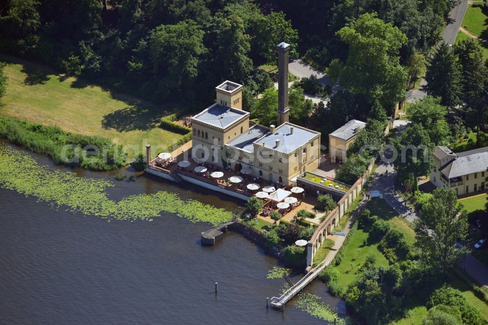 Potsdam from the bird's eye view: The dairy farm in the Neuer Garten park in Potsdam in the state of Brandenburg. The former creamery exist on this place since 1790. After World War I it was also used as a restaurant and since 2003 it is used as a brewery. The brewery is located on the shores of lake Jungfernsee in the North of the garden area