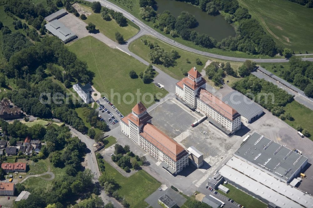 Aerial image Wurzen - The mill works on the mill race is an industrial monument, built between 1917 until 1925. The building is located in Wurzen in Saxony. The towers of the mill works are the landmarks of the city. Now home to the Cereals Wurzener AG