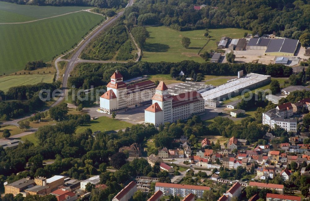 Wurzen from above - The mill works on the mill race is an industrial monument, built between 1917 until 1925. The building is located in Wurzen in Saxony. The towers of the mill works are the landmarks of the city. Now home to the Cereals Wurzener AG