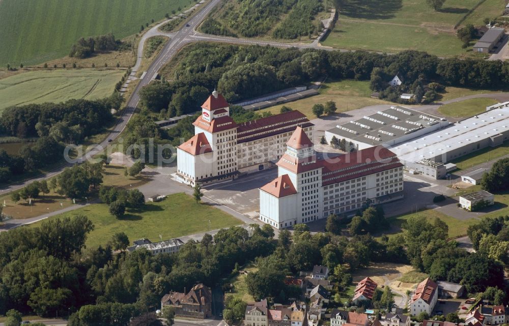 Wurzen from the bird's eye view: The mill works on the mill race is an industrial monument, built between 1917 until 1925. The building is located in Wurzen in Saxony. The towers of the mill works are the landmarks of the city. Now home to the Cereals Wurzener AG