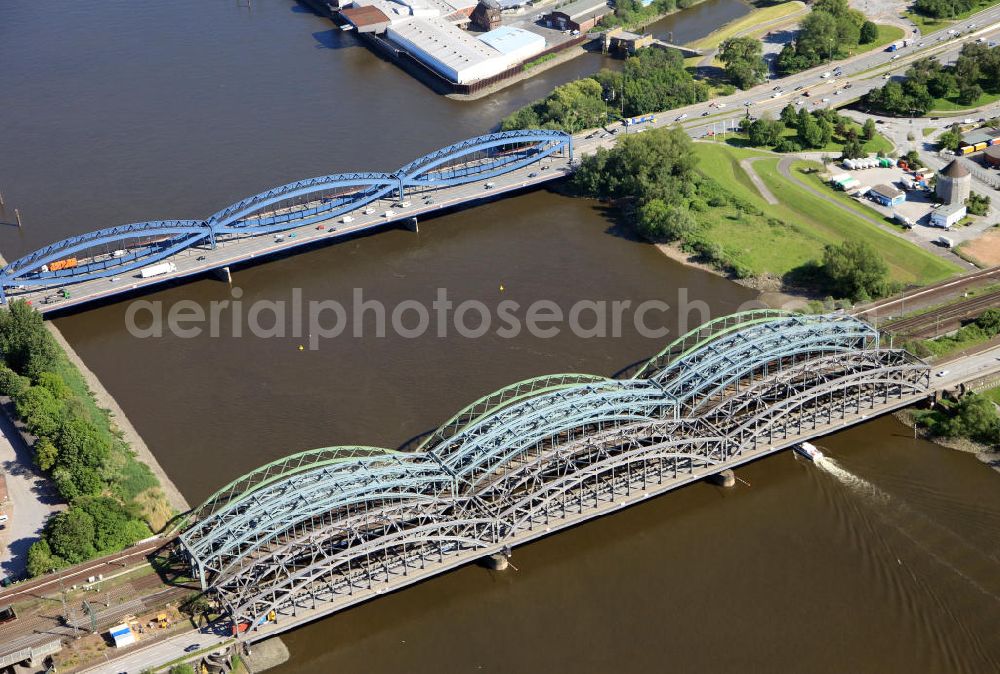 Aerial image Hamburg - The Norderelbbrücken are a complex of three bridges which are connecting the island Wilhelmsburg with the districts Rothenburgsort und Hammerbrook.The bridges are used by trains, busses and cars. Because of their low clearance ships cannot pass through them