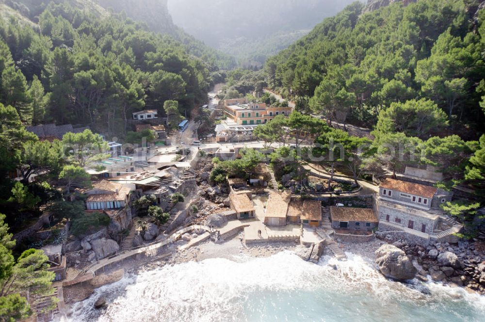 SA COLABRA from the bird's eye view: The hamlet Sa Calobra in the Escorca community on the rocky Mediterranean coast of the Spanish Balearic island of Mallorca