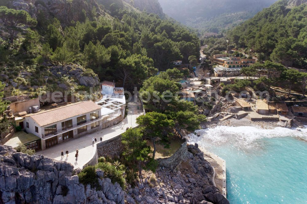 Aerial image SA COLABRA - The hamlet Sa Calobra in the Escorca community on the rocky Mediterranean coast of the Spanish Balearic island of Mallorca