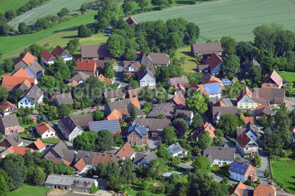 Lichtenhagen from the bird's eye view: The hamlet of Lichtenhagen in the parish of Friedland in the county district of Göttingen in the state of Lower Saxony. The small town is one of 14 that build the congregation. It is one of the three highest located villages in the county district. It is located at the former inner-German border and was residential area of police and custom officers of the German border police and Federal Border Guard