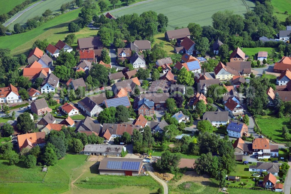 Aerial image Lichtenhagen - The hamlet of Lichtenhagen in the parish of Friedland in the county district of Göttingen in the state of Lower Saxony. The small town is one of 14 that build the congregation. It is one of the three highest located villages in the county district. It is located at the former inner-German border and was residential area of police and custom officers of the German border police and Federal Border Guard