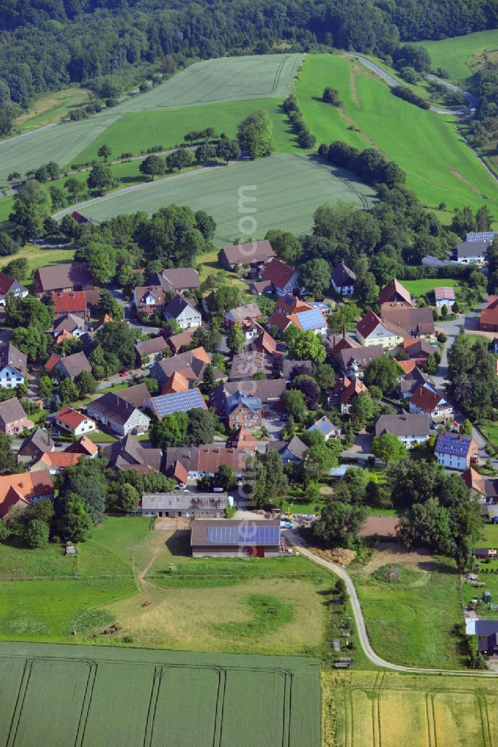 Aerial photograph Lichtenhagen - The hamlet of Lichtenhagen in the parish of Friedland in the county district of Göttingen in the state of Lower Saxony. The small town is one of 14 that build the congregation. It is one of the three highest located villages in the county district. It is located at the former inner-German border and was residential area of police and custom officers of the German border police and Federal Border Guard