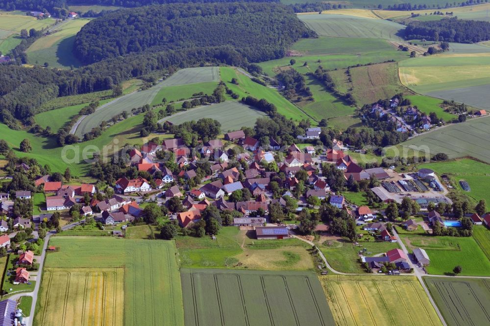 Lichtenhagen from above - The hamlet of Lichtenhagen in the parish of Friedland in the county district of Göttingen in the state of Lower Saxony. The small town is one of 14 that build the congregation. It is one of the three highest located villages in the county district. It is located at the former inner-German border and was residential area of police and custom officers of the German border police and Federal Border Guard