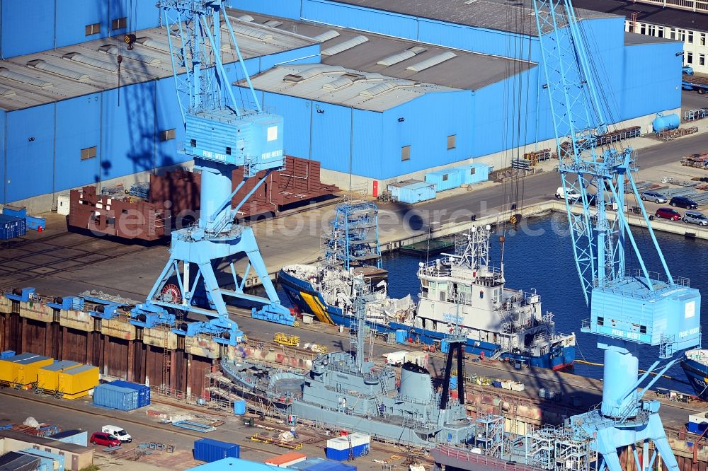 Wolgast from above - View of the Peene-Werft GmbH in Wolgast in Mecklenburg-Vorpommern on Peenestrom