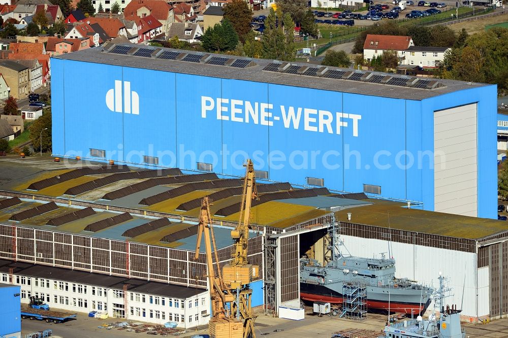 Wolgast from the bird's eye view: View of the Peene-Werft GmbH in Wolgast in Mecklenburg-Vorpommern on Peenestrom