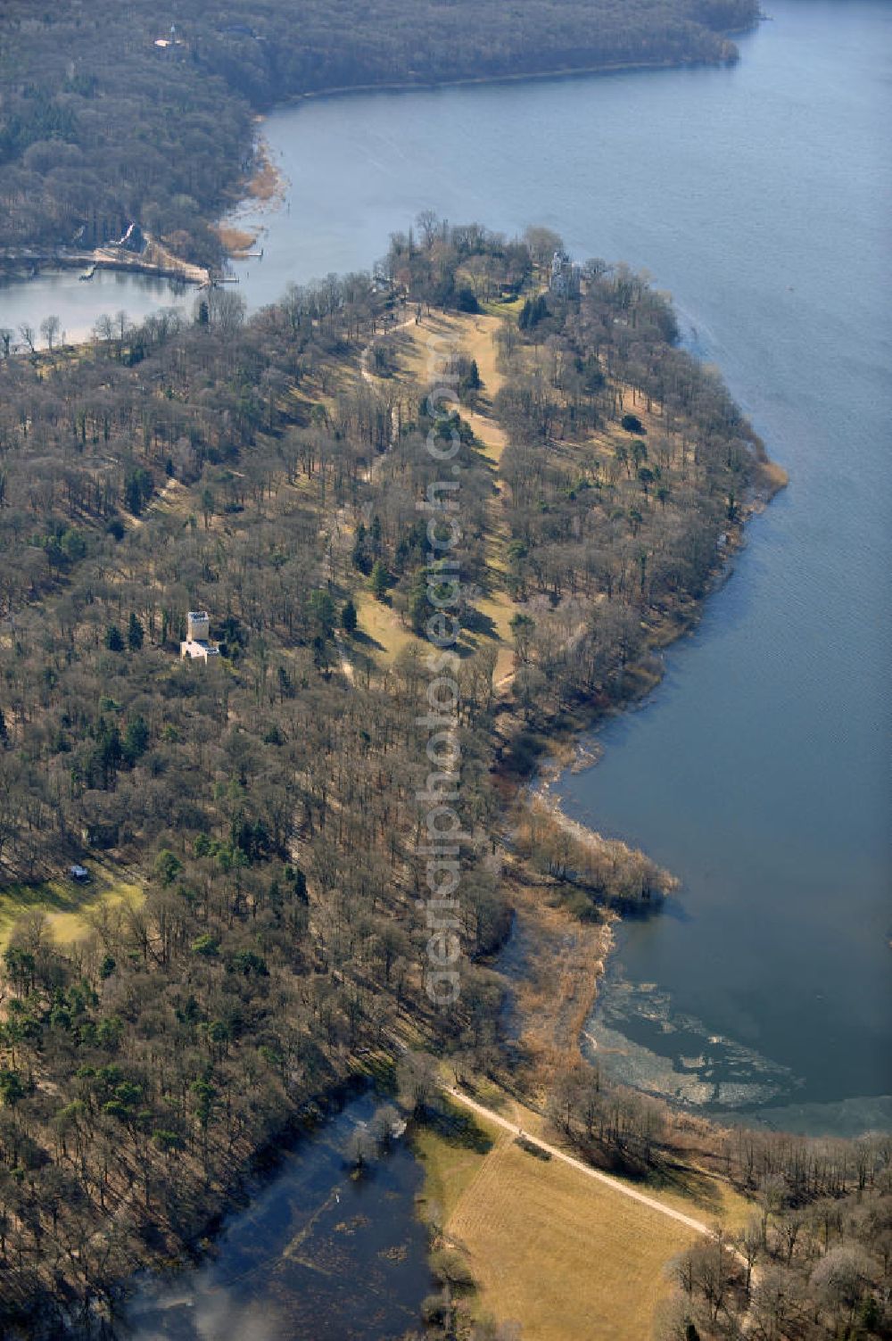 Aerial image Berlin - Photo of the Pfaueninsel island in Wannsee lake in Berlin. In the middle is the palace, which was constructed by ohann Gottlieb Brendel by order of Friedrich Wilhelm II