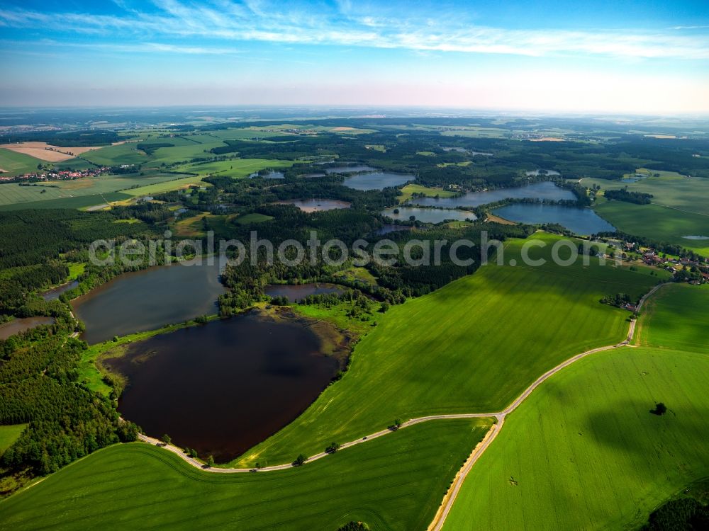 Aerial image Dreba - The ponds of Plothen in the boroughs of Plothen and Dreba in the state of Thuringia. The ponds form a connected region in the Naturepark Thuringian Shale Mountains. The first ponds were layed out by monks in the Middle Ages, primarily for fishing and fish supply of the region. Today it is a beloved recreational area