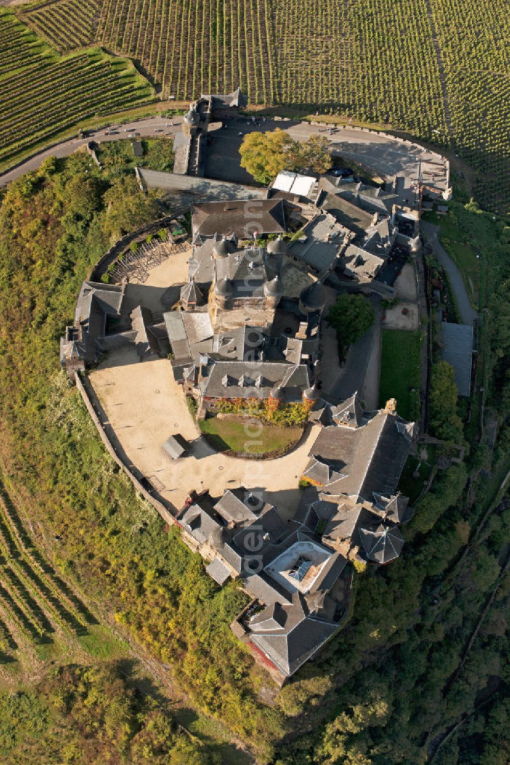 Aerial image Cochem - The Cochem Castle is a castle at the Mosel river in the Rhineland-Palatinate town of Cochem. After it had been destroyed in the 17th century, the businessman Louis Frédéric Jacques Ravené rebuilt the castle according to the taste of romanticism between 1868 to 1877. Today the castle is a museum and event space. The castle hill is used for winegrowing