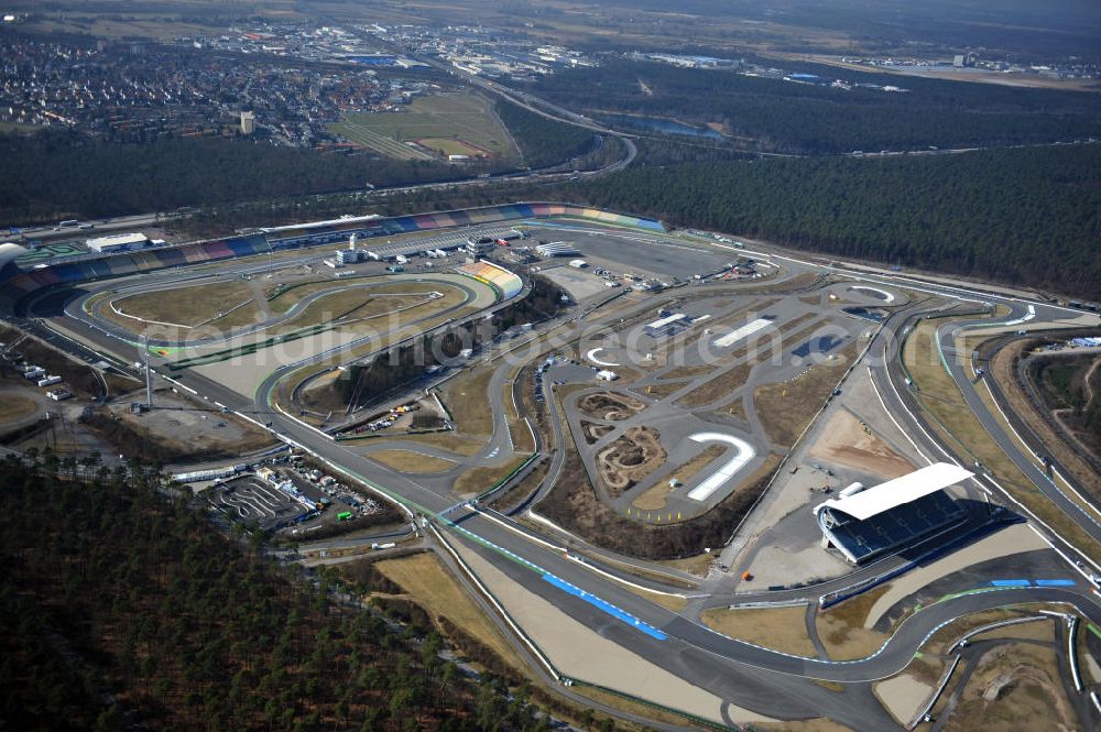 Aerial photograph Hockenheim - View of the Hockenheim racetrack in Baden-Wuerttemberg, which was also called Kurpfalzring. The first original track was built in 1932. In 1970, the Formula 1 took place for the first time. In 2002, the track was renovated and simultaneously shortened. The ring is also used for events and is operated by the Hockenheim-Ring GmbH