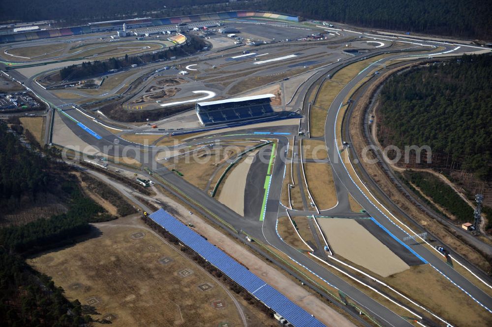 Hockenheim from above - View of the Hockenheim racetrack in Baden-Wuerttemberg, which was also called Kurpfalzring. The first original track was built in 1932. In 1970, the Formula 1 took place for the first time. In 2002, the track was renovated and simultaneously shortened. The ring is also used for events and is operated by the Hockenheim-Ring GmbH
