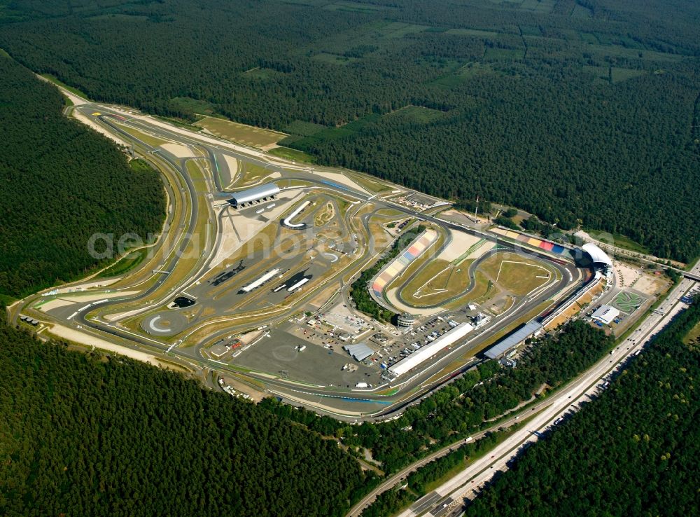 Aerial photograph Hockenheim - View of the Hockenheim racetrack in Baden-Wuerttemberg, which was also called Kurpfalzring. The first original track was built in 1932. In 1970, the Formula 1 took place for the first time. In 2002, the track was renovated and simultaneously shortened. The ring is also used for events and is operated by the Hockenheim-Ring GmbH