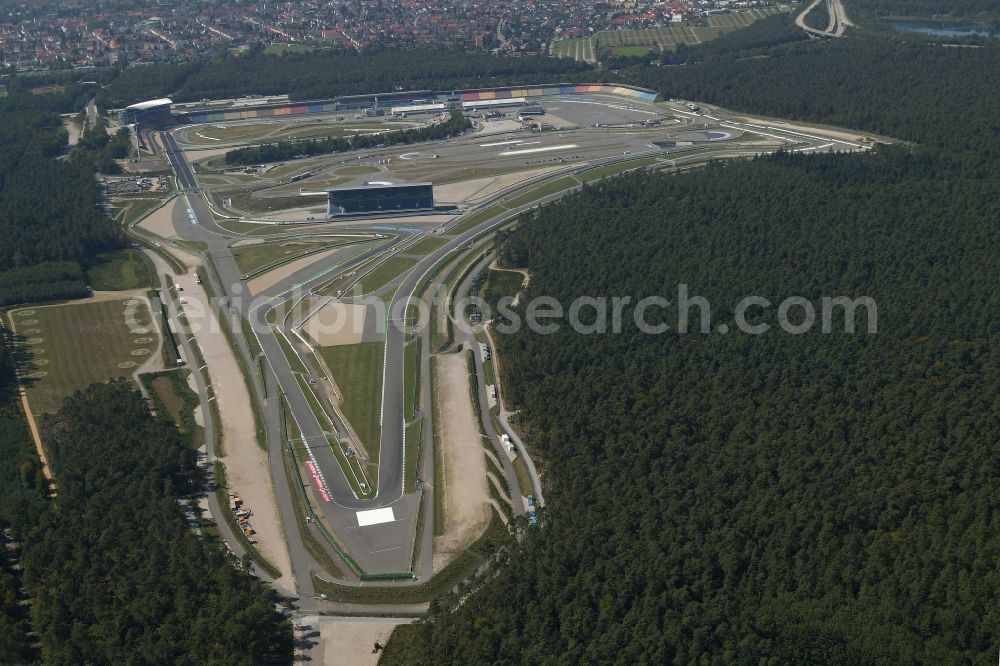 Hockenheim from the bird's eye view: View of the Hockenheim racetrack in Baden-Wuerttemberg, which was also called Kurpfalzring. The first original track was built in 1932. In 1970, the Formula 1 took place for the first time. In 2002, the track was renovated and simultaneously shortened. The ring is also used for events and is operated by the Hockenheim-Ring GmbH