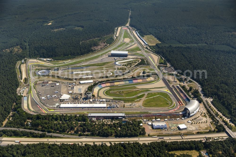 Hockenheim from above - View of the Hockenheim racetrack in Baden-Wuerttemberg, which was also called Kurpfalzring. The first original track was built in 1932. In 1970, the Formula 1 took place for the first time. In 2002, the track was renovated and simultaneously shortened. The ring is also used for events and is operated by the Hockenheim-Ring GmbH