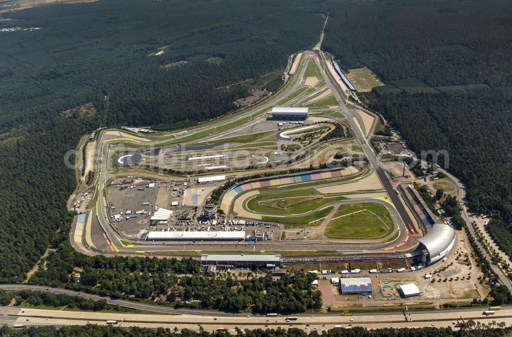 Hockenheim from the bird's eye view: View of the Hockenheim racetrack in Baden-Wuerttemberg, which was also called Kurpfalzring. The first original track was built in 1932. In 1970, the Formula 1 took place for the first time. In 2002, the track was renovated and simultaneously shortened. The ring is also used for events and is operated by the Hockenheim-Ring GmbH