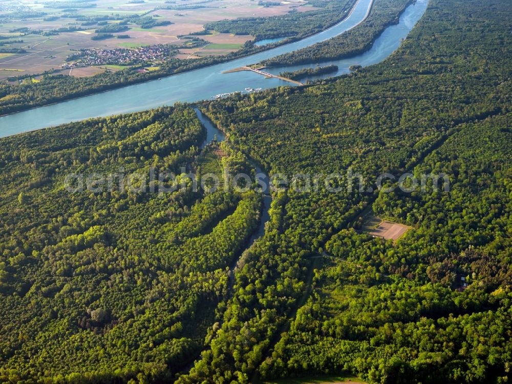 Weisweil from above - The meadows and wetlands on the river Rhine in Weisweil in the state of Baden-Württemberg. The area was made a nature preserve area in 1998 and is now called Rheinniederung Wyhl-Weisweil. Besides, there is also a dam and a natural island in the river