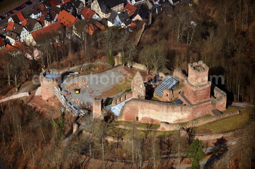 Freudenberg from above - The Freudenberg castle, also called Freudenburg, is a ruin in Freudenberg in the Main-Tauber county in Baden-Wuerttemberg. In 1197, Bishop Henry II build a residential tower, which was extended then. The courtyard of the ruins now serves as an open-air stage