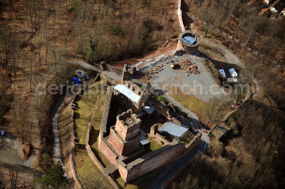 Freudenberg from above - The Freudenberg castle, also called Freudenburg, is a ruin in Freudenberg in the Main-Tauber county in Baden-Wuerttemberg. In 1197, Bishop Henry II build a residential tower, which was extended then. The courtyard of the ruins now serves as an open-air stage