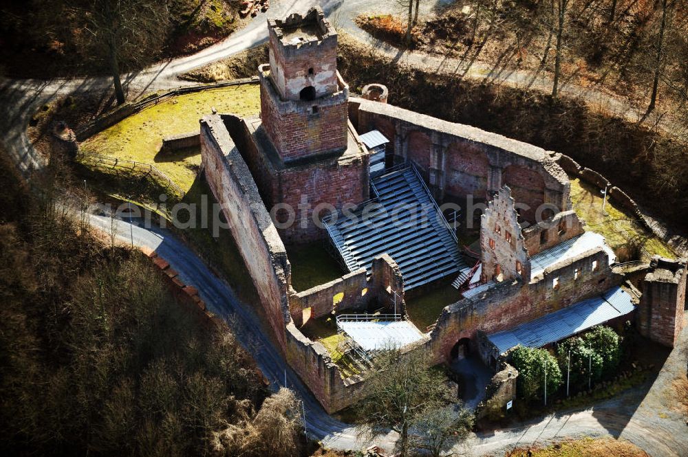 Aerial image Freudenberg - The Freudenberg castle, also called Freudenburg, is a ruin in Freudenberg in the Main-Tauber county in Baden-Wuerttemberg. In 1197, Bishop Henry II build a residential tower, which was extended then. The courtyard of the ruins now serves as an open-air stage