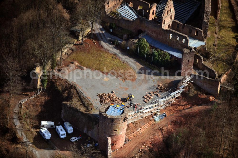 Aerial image Freudenberg - The Freudenberg castle, also called Freudenburg, is a ruin in Freudenberg in the Main-Tauber county in Baden-Wuerttemberg. In 1197, Bishop Henry II build a residential tower, which was extended then. The courtyard of the ruins now serves as an open-air stage