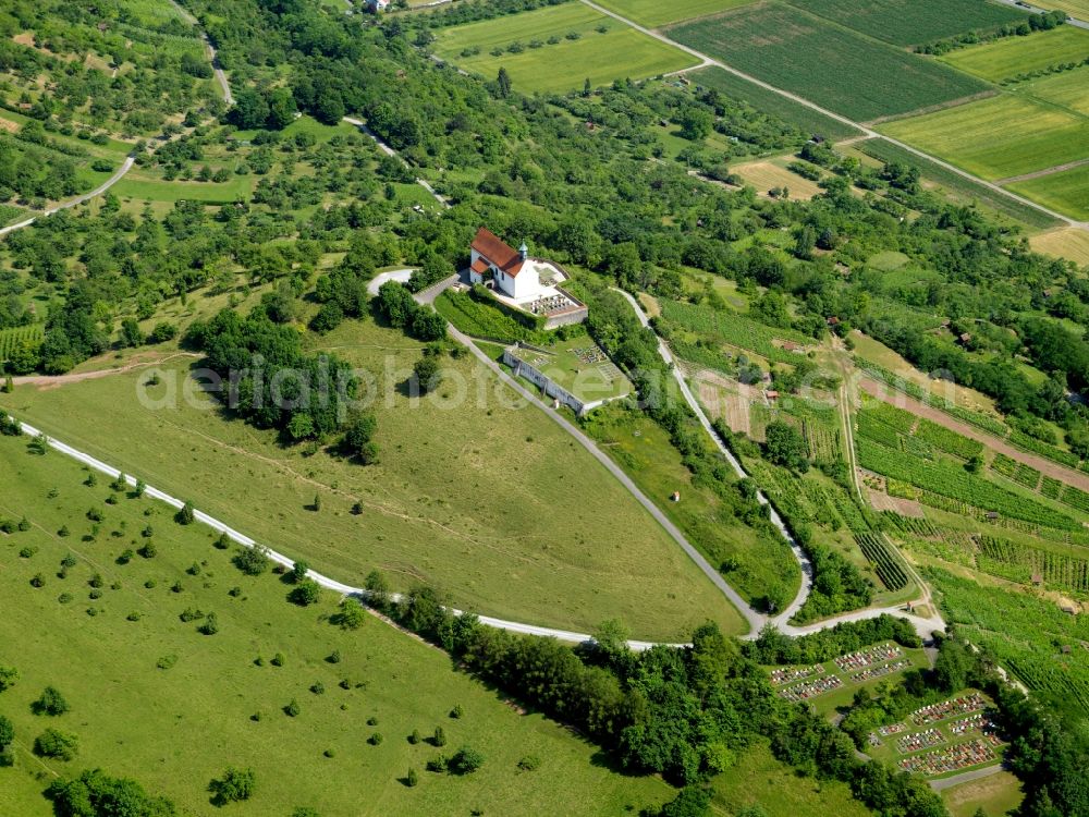 Aerial photograph Tübingen - The Wurmlinger chapel on the hill near by Chapel Tübingen is a very popular tourist and pilgrimage destination. The Romanesque previous building was 1050 in the tenure of Pope Leo IX. as a grave chapel of the founder, Count Anselm of Calw built there. The Romanesque crypt dates from around 1150. The Gothic successor building burned down in 1644th The Baroque chapel still standing today was inaugurated 1685th