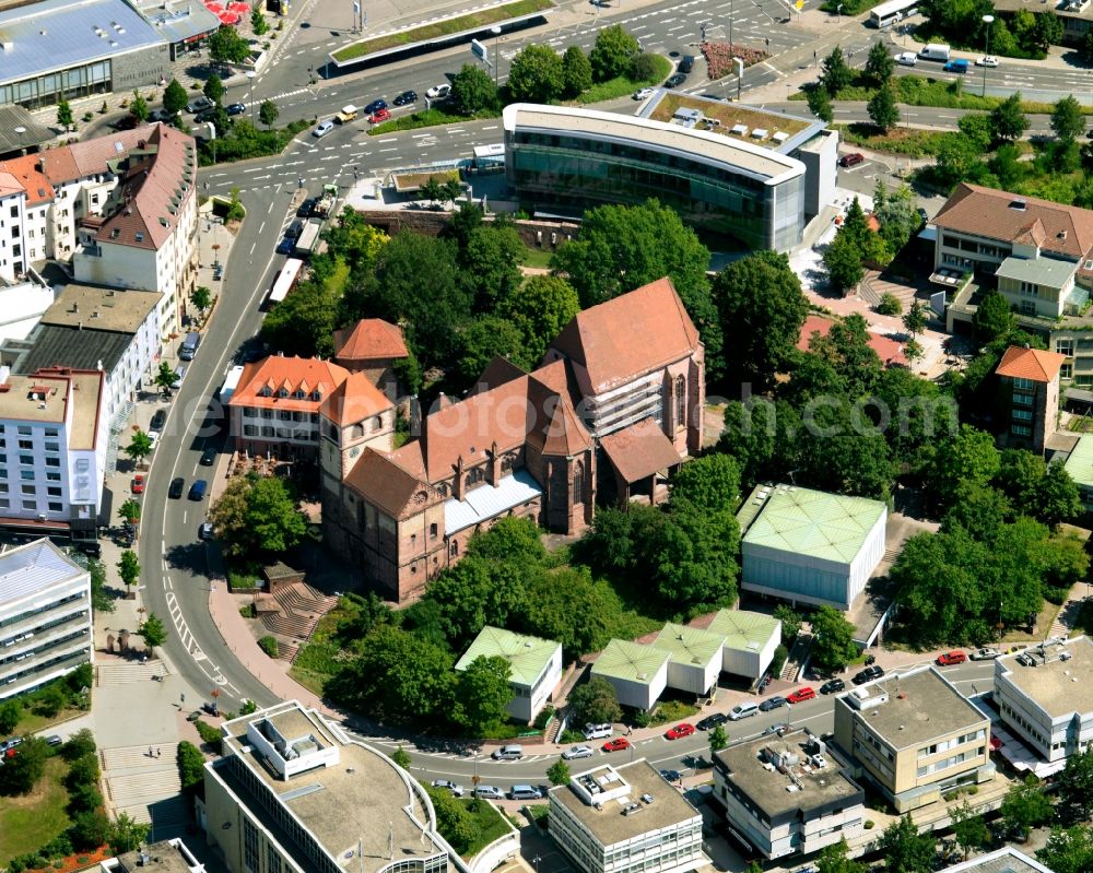 Pforzheim from above - The Castle and Collegiate Church of St. Michael was built with the transition to the House of Baden in Pforzheim in 1219 on an older building, from the still of the late Romanesque west building has been preserved, 1220 / 1230th Around 1270, the nave, the nave, was completed in its present form. The building is now located in a lively, heavy traffic area