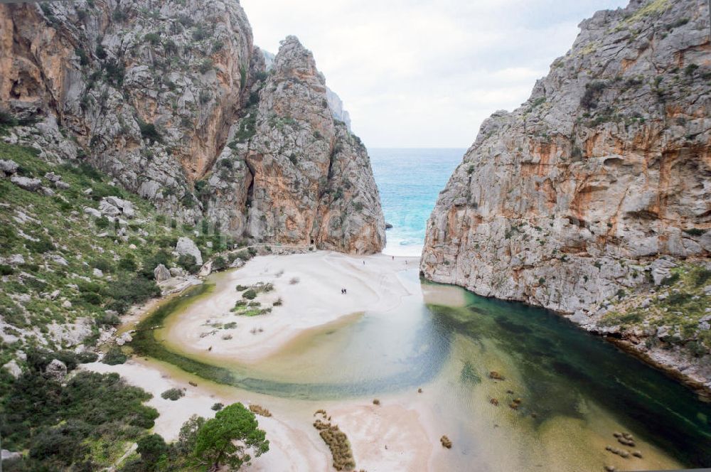 ESCORCA OT SA CALOBRA from the bird's eye view: Canyon Torrent de Parlos on the rocky Mediterranean coast of the Spanish Balearic island of Mallorca