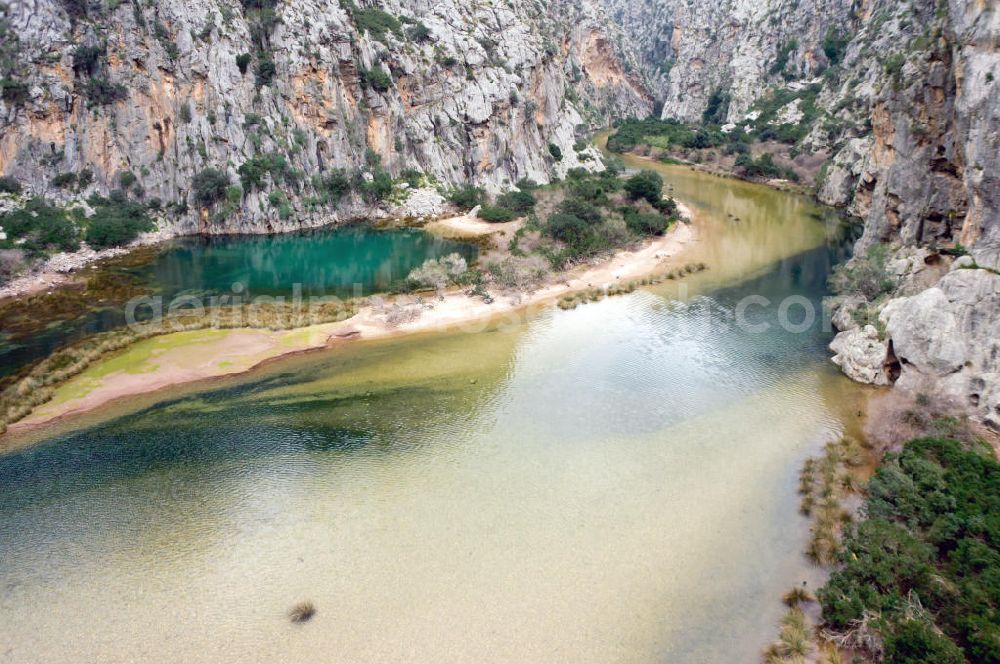 Aerial photograph ESCORCA OT SA CALOBRA - Canyon Torrent de Parlos on the rocky Mediterranean coast of the Spanish Balearic island of Mallorca