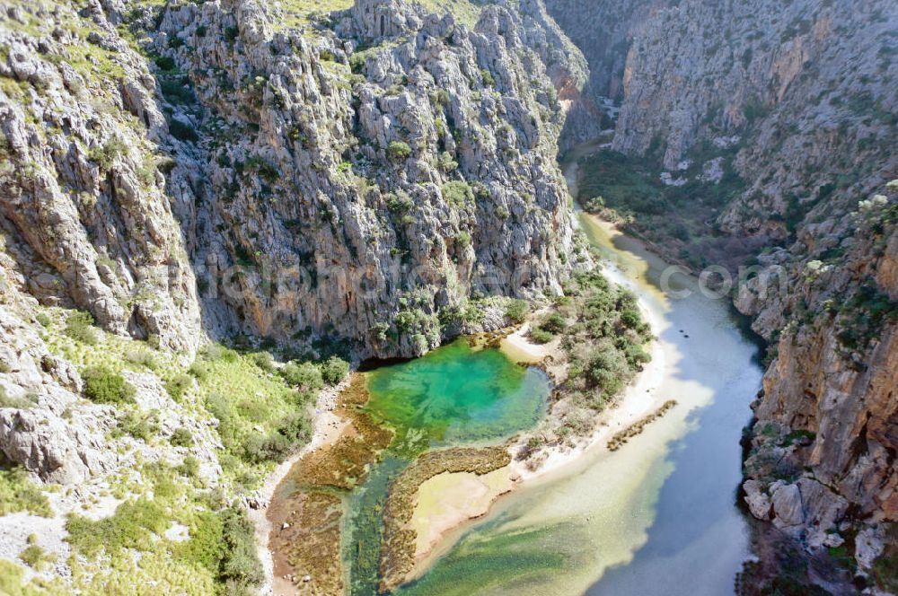 Aerial photograph ESCORCA OT SA CALOBRA - Canyon Torrent de Parlos on the rocky Mediterranean coast of the Spanish Balearic island of Mallorca