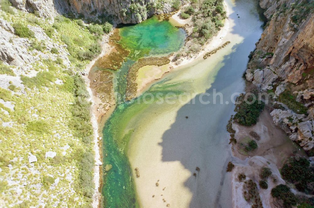 ESCORCA OT SA CALOBRA from above - Canyon Torrent de Parlos on the rocky Mediterranean coast of the Spanish Balearic island of Mallorca