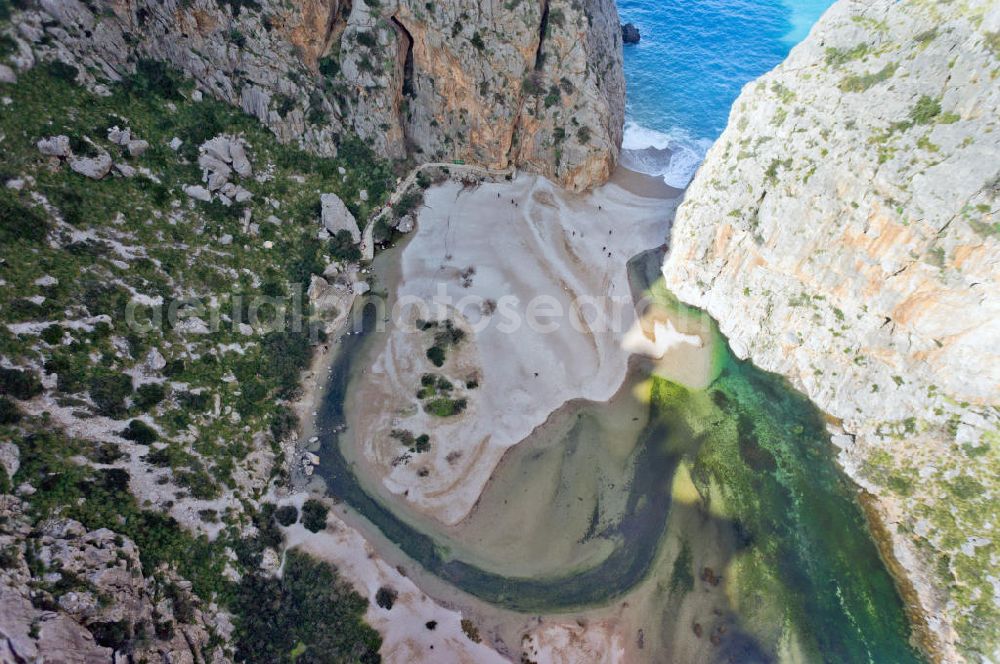 ESCORCA OT SA CALOBRA from the bird's eye view: Canyon Torrent de Parlos on the rocky Mediterranean coast of the Spanish Balearic island of Mallorca