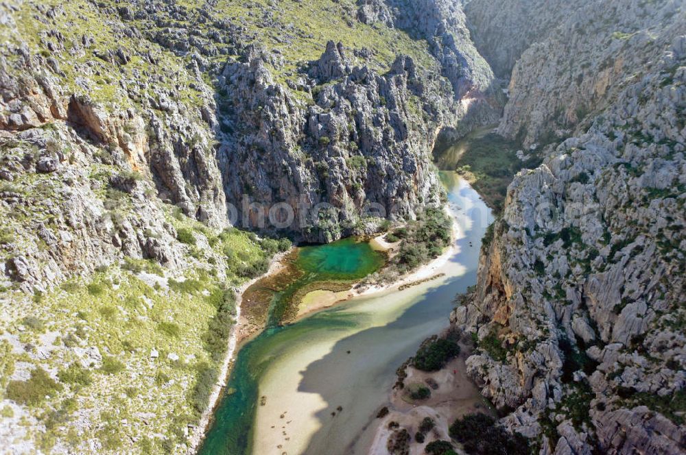 ESCORCA OT SA CALOBRA from the bird's eye view: Canyon Torrent de Parlos on the rocky Mediterranean coast of the Spanish Balearic island of Mallorca