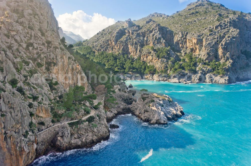 ESCORCA OT SA CALOBRA from above - Canyon Torrent de Parlos on the rocky Mediterranean coast of the Spanish Balearic island of Mallorca