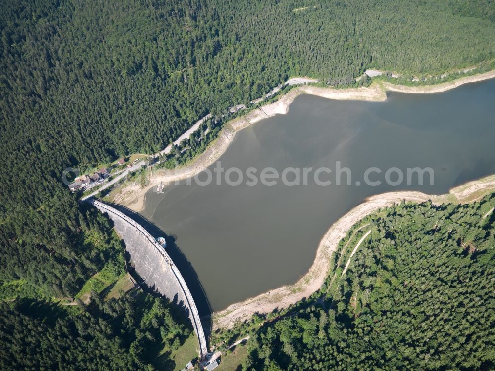 Aerial image Forbach - The dam of Schwarzenbachtal in the Black Forest in the state of Baden-Württemberg. The dam is the most important building of the pump accumulator power plant Rudolf-Fettweis-Werk. The barrier lake collects water of the main area of the northern Black Forest. It is a beloved recreational site within the nature park of Black Forest Middle/North