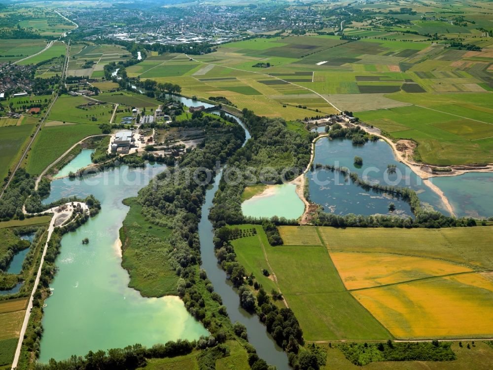 Brühl from the bird's eye view: The lakes near Brühl in the state of North Rhine-Westphalia. The city of Brühl is enclosed by lakes of different sizes. They came into existence primarly through the flooding of former mining pits and opencast pits. They are part of the Villeseen region and of the nature preserve Rhine Land. Today they are beloved leisure and tourist sites and used for swimming