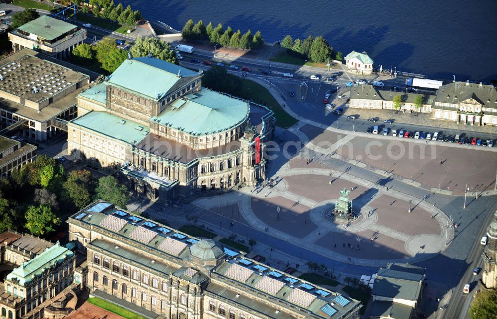 Dresden from above - View of the Semper Opera House. It is the opera house of the Saxon State Opera Dresden. It was built between 1871 and 1878 on the Theatre Square in the old town of Dresden, according to plans by architect Gottfried Semper. After the destruction of the Second World War it was rebuilt in 1977