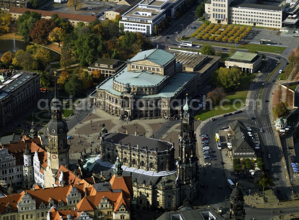 Aerial photograph Dresden - The Semper Opera in Dresden, the opera house of the Saxon State Opera Dresden, as the Court and the Saxon State Opera has a long historical tradition. Orchestra of the Staatsoper, the traditional Dresden Staatskapelle. The Semper Opera House is located at the Theater Square in the historical center of Dresden. It is named after its architect Gottfried Semper. Next in the picture, the Royal Chapel and the Royal Palace