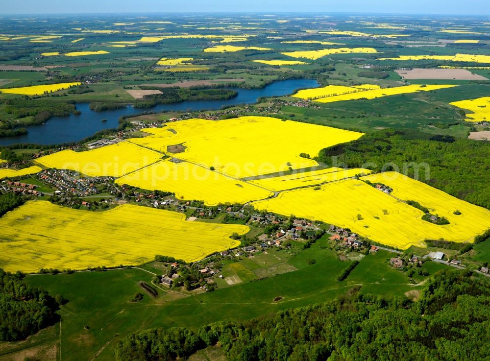 Aerial image Dümmer - The rural conglomeration of Dümmerhütte and the Dümmer Lake in the borough of Dümmer in the district of Ludwigslust-Parchim in the state of Mecklenburg-Vorpommern. The landscape is characterised by agriculture and rapeseed fields. The lake is located between the districts of Ludwigslust-Parchim and North Western Mecklenburg